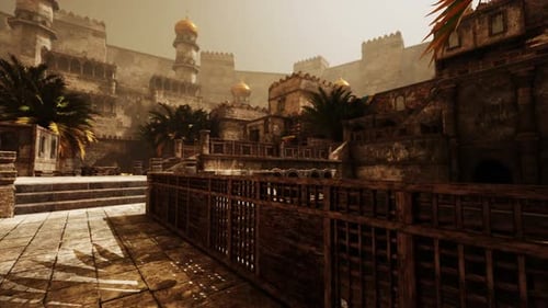 Ancient Eastern Cityscape Featuring Grand Architecture and Lush Greenery