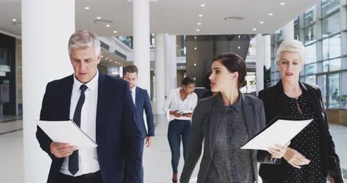 Colleagues Walking and Talking in an Office Lobby