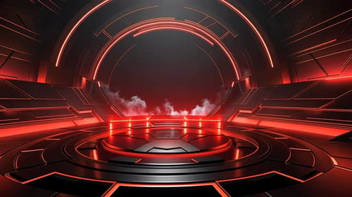 Futuristic, glowing, dark, red stage
