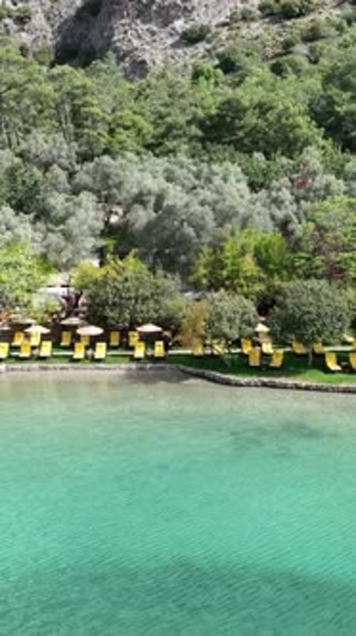 Top down aerial of popular beach resort