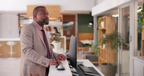Frustrated, black man and reception with bell at hotel for assistance, delay or waiting to check in