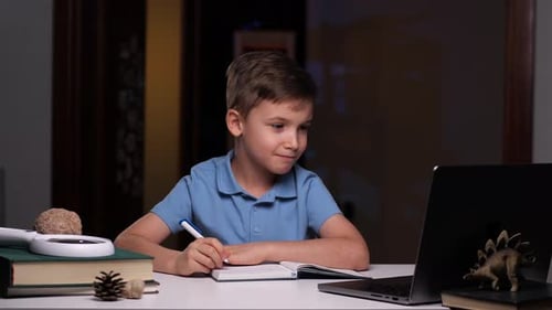 Boy Studying with Laptop at Home Desk