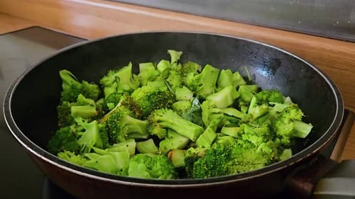 Close Up of Fresh Green Broccoli Cooked Boiled in Pan Healthy Food and Vegetables