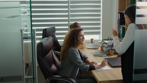 Business woman giving assignments to employee in modern office.