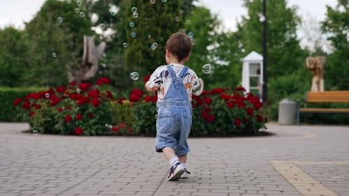 Toddler Playing with Bubbles in a Park