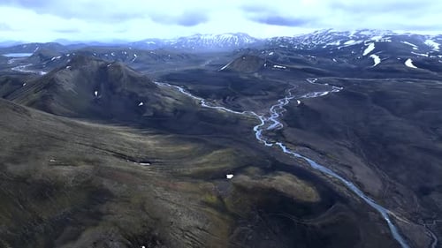 Aerial view of river and mountains, Iceland.