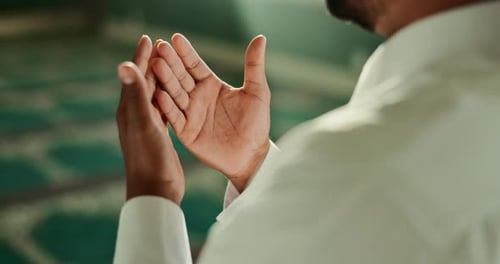 Islamic, man and open hands in Mosque for peace, gratitude or Palestine support in holy temple to