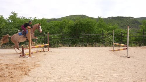 Female Rider Performs Double Jump with Her Horse in a Jumping Competition