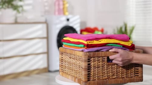 Neatly Folded Laundry Placed in Basket on Display Table