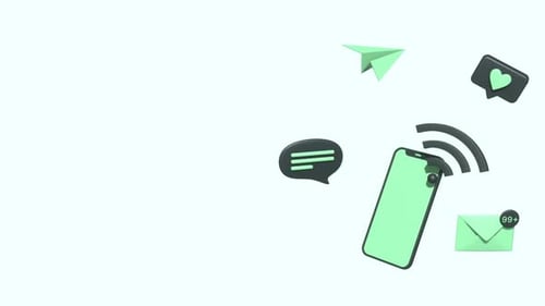 3D Smartphone with Social Media Icons and Wi-Fi Signal Animation