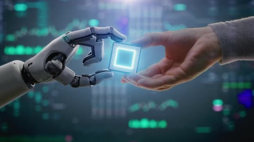 Visualisierung eines von Menschen übergebenen Computer-Mikrochips zur Datenverarbeitung an einen humanoiden Roboter