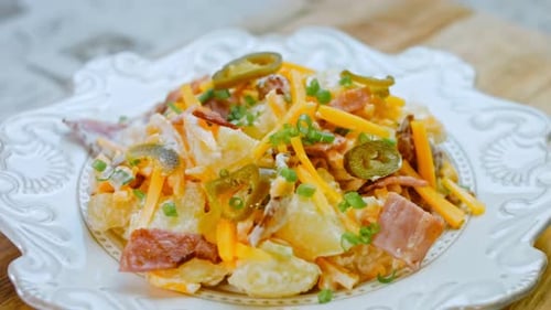 Ensalada de papas con chile jalapeño y tocino