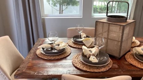 Modern dining room staged for real estate or furniture showrooms. Interior decorating, design, conce