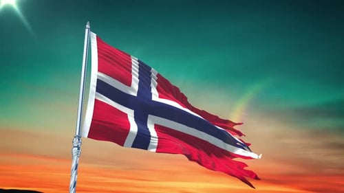 Norway Flag Waving Realistically in Sunset Sky
