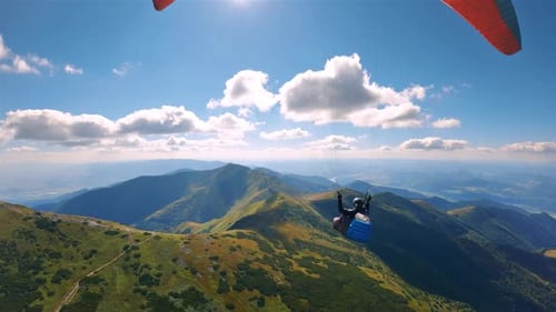 Peaceful Flying High Above Green Alpine Mountains, Paragliding Adventure