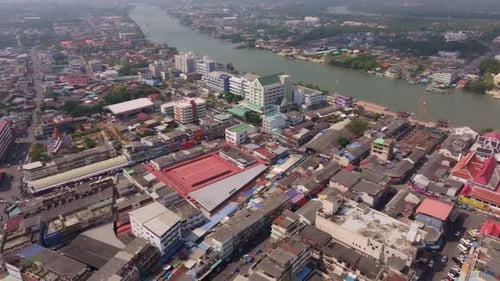 Drone shot of Maeklong Railway Market without train, Thailand