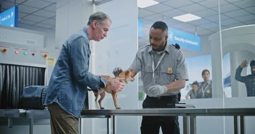 Airport Terminal Mature Man with Pet at Security Checkpoint