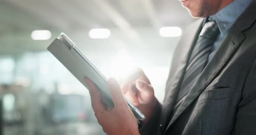 Tablet, corporate and hands of business man in office for online research