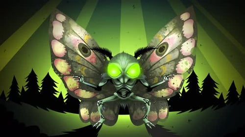 Creepy Moth Creature with Spreading Wings and Glowing Eyes