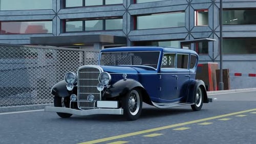 3D Classic Blue Vintage Car Drives on Road