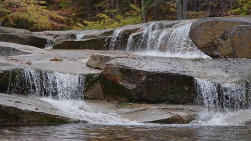 Slow motion waterfall from a river running water over rocks. Stream of water falling on rocks with a
