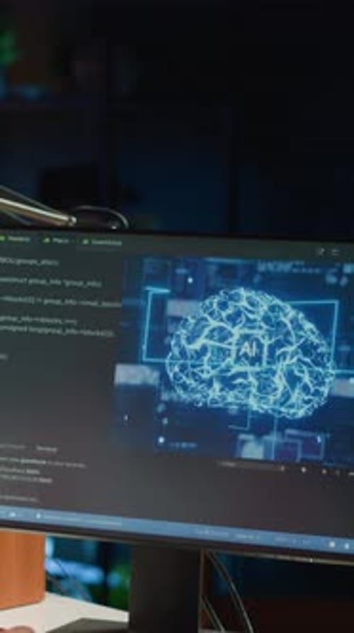 Computer Screen Showing Digital Brain With Code