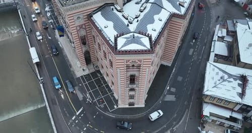 Sarajevo City Hall or National Library in Town Center Aerialhyper Lapse or Time Lapse