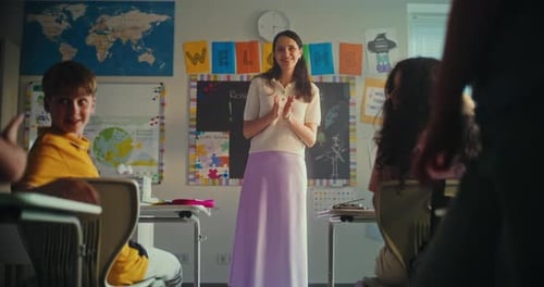 Female Teacher Presenting Elementary School Student Smart Girl Giving Presentation