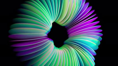 Colorful Abstract Donutshaped Object Twisting and Turning in a Smooth Seamless Loop Against a Black