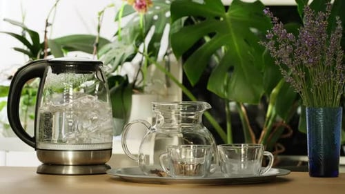 Water boils in a kettle