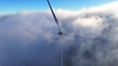 Aerial view of a wind turbine in Windpark Freilanderalm, Austria.