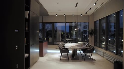 Modern Apartment Interior Design with City View at Night