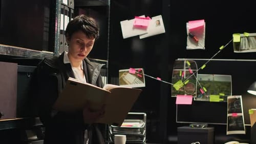 Investigator Reads File in Dark Office at Night