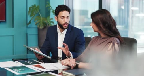Tablet, documents and business people in office for discussion with planning for finance review