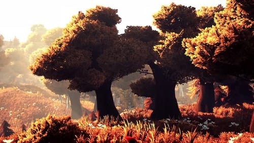 Cartoon Flowering Green Forest on Sunset