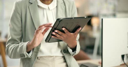 Business woman, hands and tablet for communication, research or online networking at office