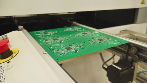 Green circuit boards being manufactured at car tech factory, close-up