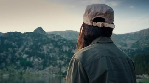 Woman Enjoy Beautiful Natural Landscape on Mountain Travel at Sunset