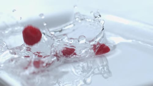 Fresh raspberries splashing in crystal clear water slow motion phantom flex 4k