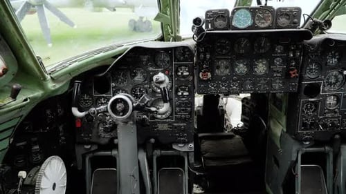 Control Panel in Cabin of Old Aircraft with Command Texts