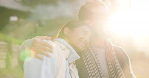 Camping, sunrise and couple on mountain for bonding, quality time and relax in morning