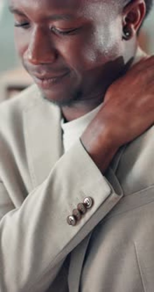 Business, black man and shoulder pain in office with injury, fatigue and massage for muscle strain