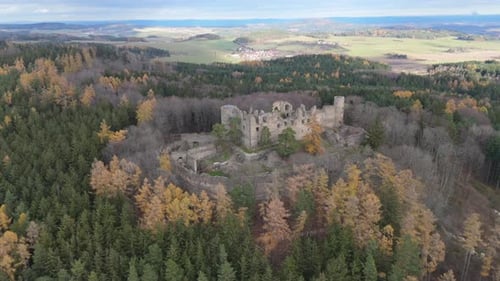 Aerial video above Helfenburk u Bavorova castle ruins aerial view in Czech Republic