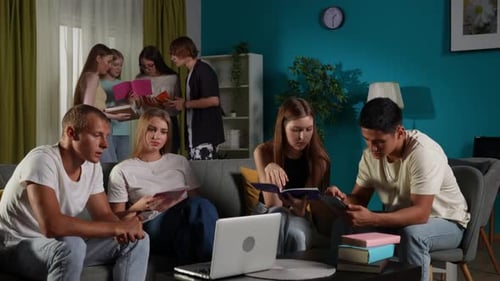 Young Adults Studying Together in Living Room