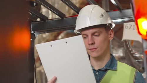 Portrait of Forklift Driver with Clipboard at Warehouse