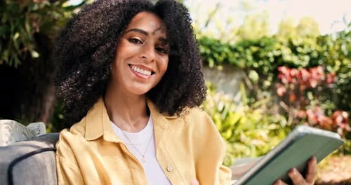 Face, woman outdoor and smile with tablet for reading blog, social media post or internet search