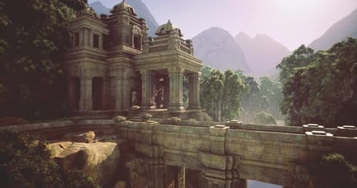 Ancien temple niché dans des montagnes luxuriantes avec plan d'eau tranquille