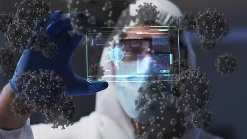 Animation of covid 19 cells over scientist in ppe suit holding screen with medical data processing
