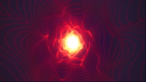 Túnel de energia laranja vermelho abstrato feito de linhas e pontos de partículas, túnel