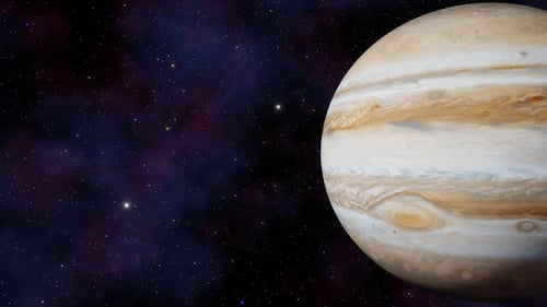 Planet Jupiter view from outer space and twinkling stars in the Milky Way galaxy 3d render. Solar